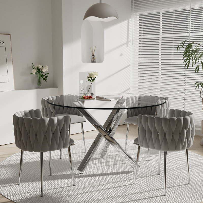 Ensemble de salle à manger Ayron, table de salle à manger avec pieds croisés et chaise de salle à manger en velours, Gris