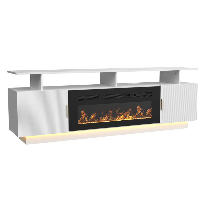 P.h.furn 70'' Fluted Tv Stand With 36'' Electric Fireplace - 23'' High Entertainment Center, Changeable Led Light, Power Outlet, Fits Tvs Up To 80", Modern Living Room Console (white)