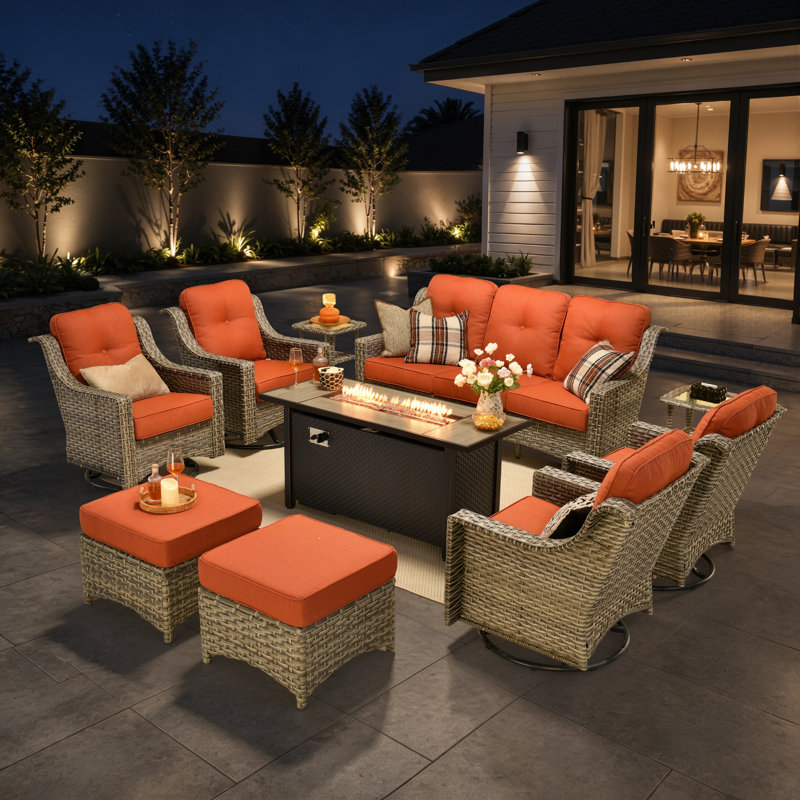 Sturgill 10-Piece Wicker Patio Conversation Set with Swivel Rocking Chairs and 50,000 BTU Fire Pit Table, Orange
