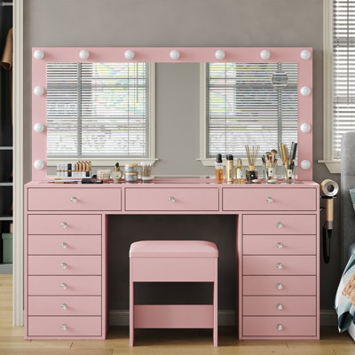15 Drawers Vanity Desk, Makeup Vanity with Charging Station,  Dressing Table with Lighted Mirror, 3 Lighting Modes, Brightness Adjustable, Glass Top, Vanity Table with Chair