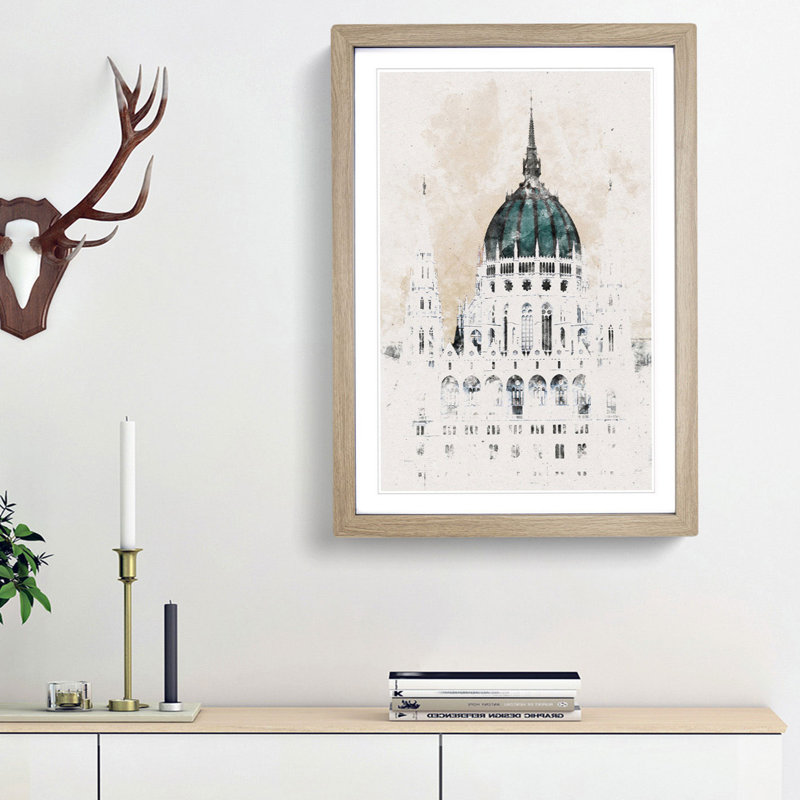 Parliament Building in Budapest - Picture Frame Painting Print, 63cm H x 45cm W x 2cm D, Oak Framed