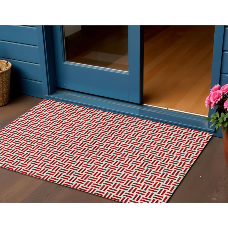3' X 5' Red And Ivory Geometric Washable Indoor Outdoor Area Rug