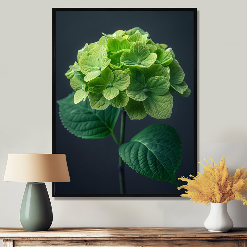 Élégant emblème vert gris hortensia, art mural hydrangées, Cadre flottant noir, H 30 po x l 40 po