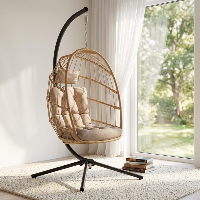 Fauteuil à œufs suspendu en osier et en tissu extensible avec support Solvane, Beige / Naturel