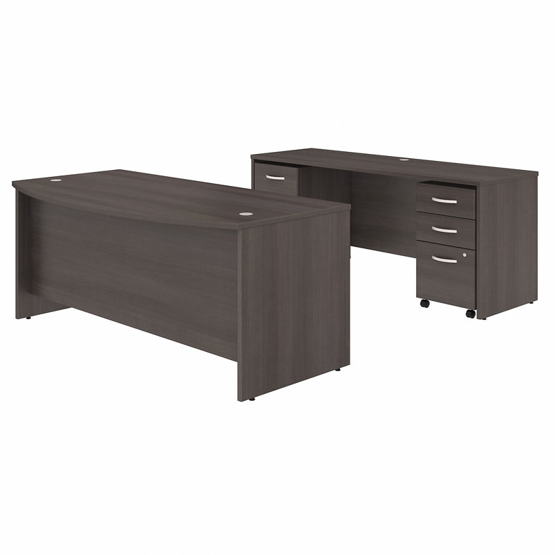 Studio C 72W x 36D Bow Front Desk and Credenza with Mobile File Cabinets, Storm Gray