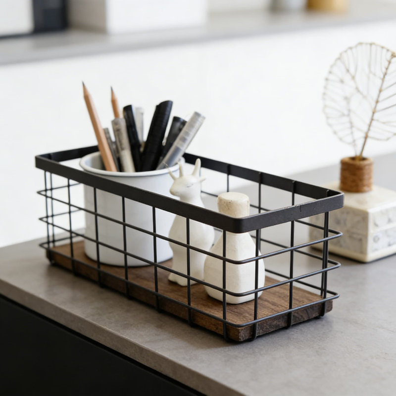Metal Wire Storage Basket With Detachable Wood Base, Versatile Organizer Bin For Kitchen, Bathroom, Pantry, Garage, And Laundry Room