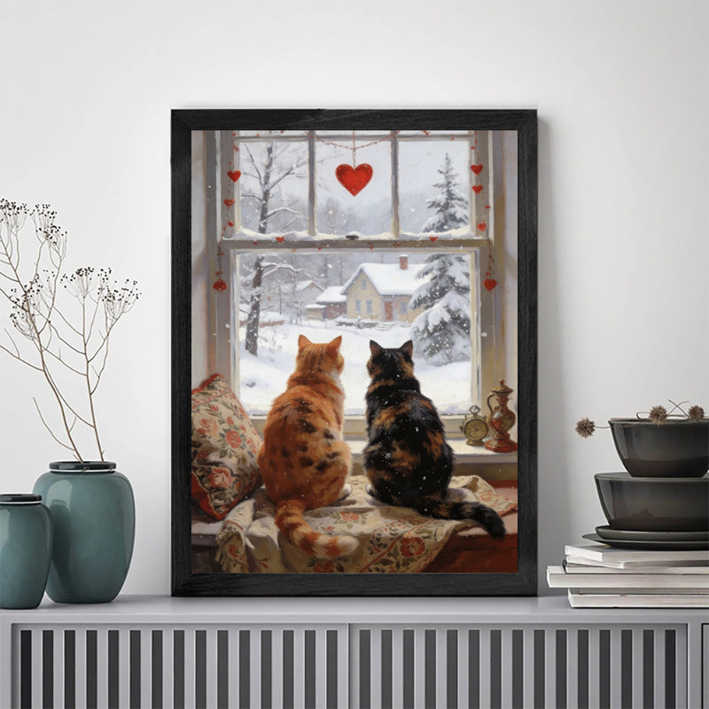 Reproduction d'art encadrée noire de chats rétro se blottissant ensemble, H 11 po x l 9 po