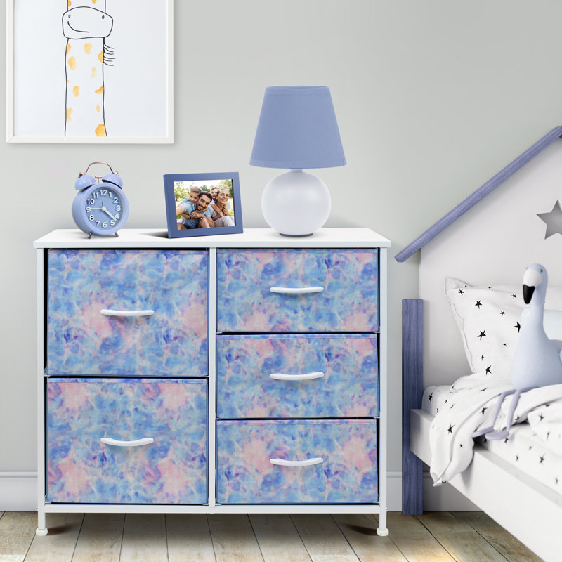 Commode 5 tiroirs l 33,5 po, Teinture sur nœuds rose / bleu