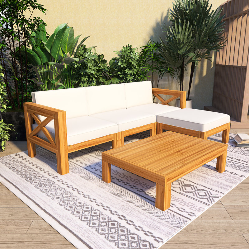 74.2'' Wood  Outdoor Patio Sofa With  Cushions, Beige