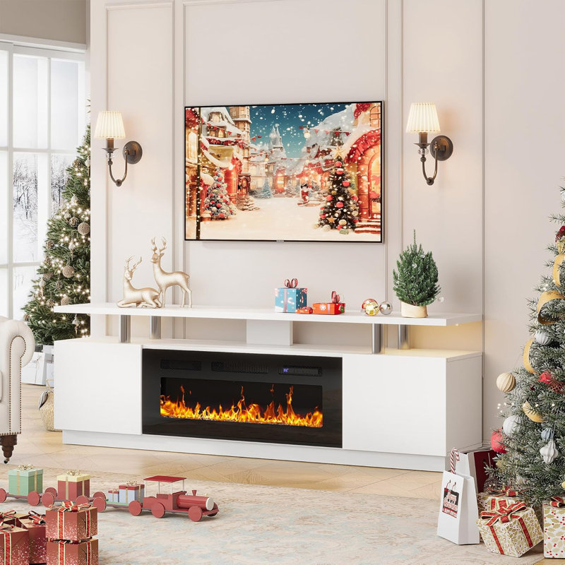 Meuble télé 70 po avec armoire de rangement, console à 2 niveaux avec chauffage et 12 couleurs de flamme DEL, finition blanche