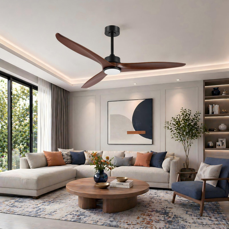 Ventilateur de plafond à 3 pales en bois massif avec télécommande Wivenhoe, 60 po de largeur, Noir avec pales noyer, Yes