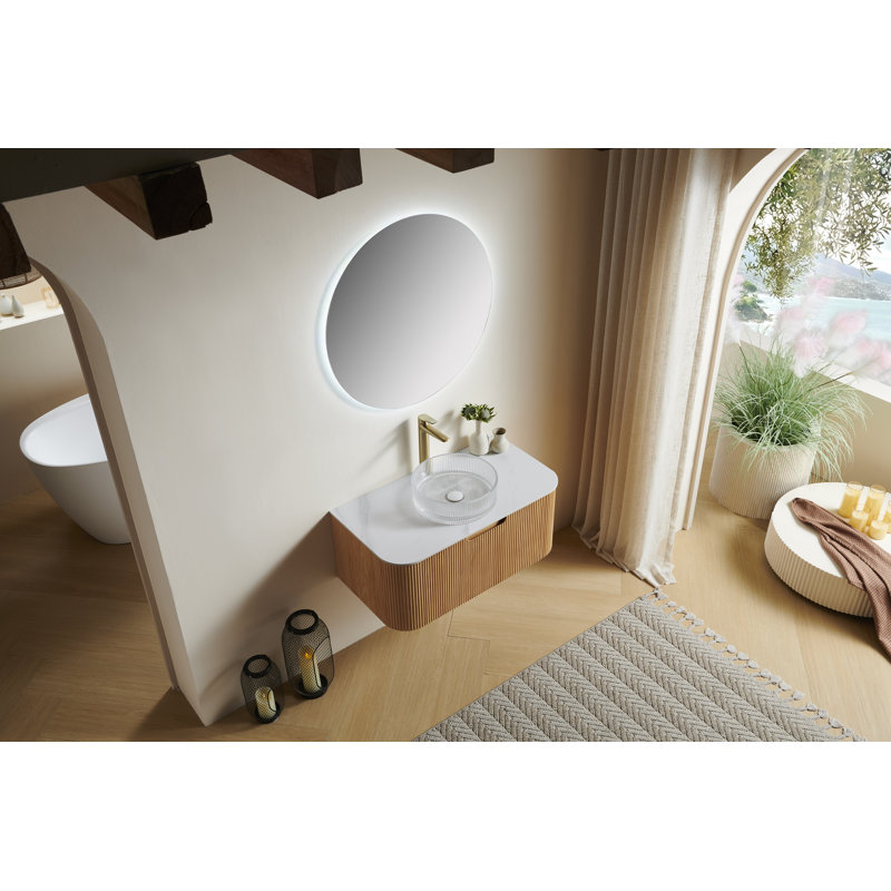 Meuble-lavabo de salle de bain 30 po Dina, armoire de rangement rayée à bords arrondis avec tiroir, lavabo rond en verre transparent et plateau en pierre frittée blanc de Carrare, pré-assemblé, couleur grain de bois naturel