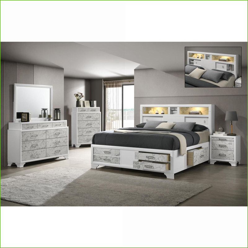 Ensemble de chambre à coucher grand 5 pièces en bois d'ingénierie blanc neige moderne avec éclairage / USB-C / Bluetooth | Blanc | Bois