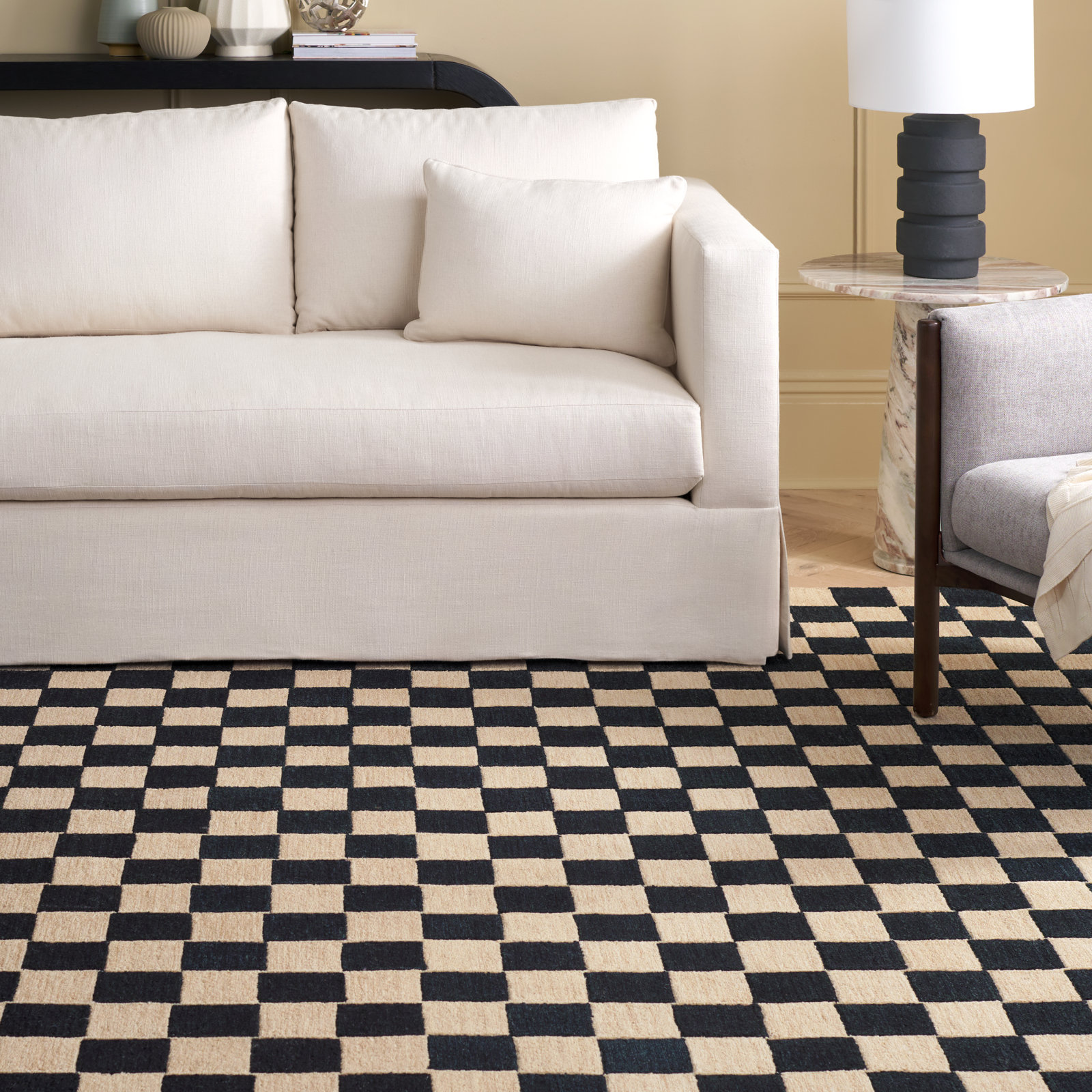 Freesia Black Beige Hand-Tufted Checkered Rug, Rectangle 9' x 12'