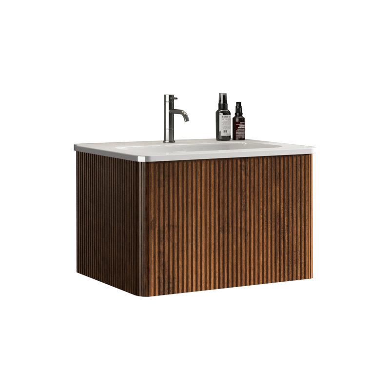 24" Bathroom Vanity - Striped Walnut White Ceramic Sink Wall Mounted Safer Curved Edges Style Modern Design Drawer, Walnut