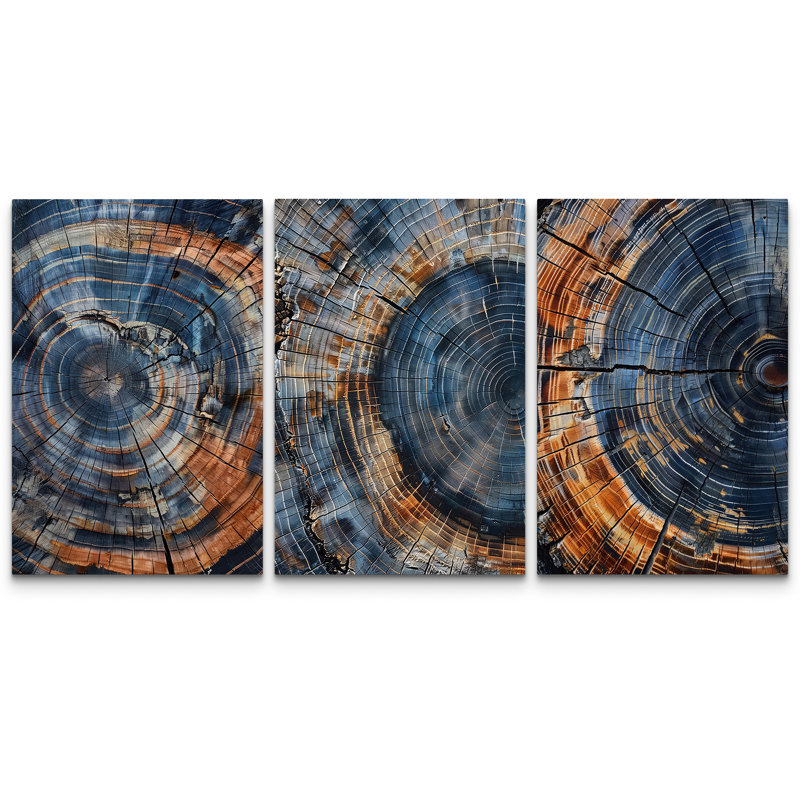 Anneau d'arbre «Œuvre de souche en bois brun marine foncé, photos de cabane de ferme rustique rétro, 3 pièces, impression numérique sur toile, impression numérique sur toile»