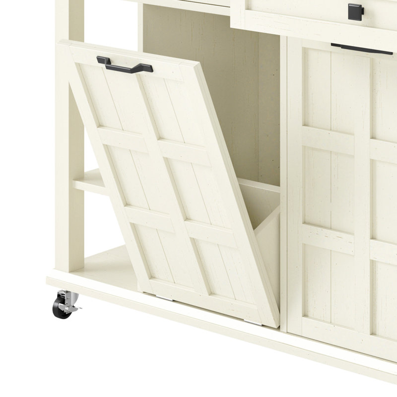  Kitchen Island With Power Outlet, Drop Leaf & Trash Can Storage On Wheels