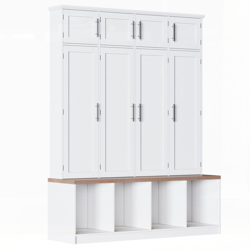 Farmhouse Hall Tree With 4 Hidden Hanging Hooks, White