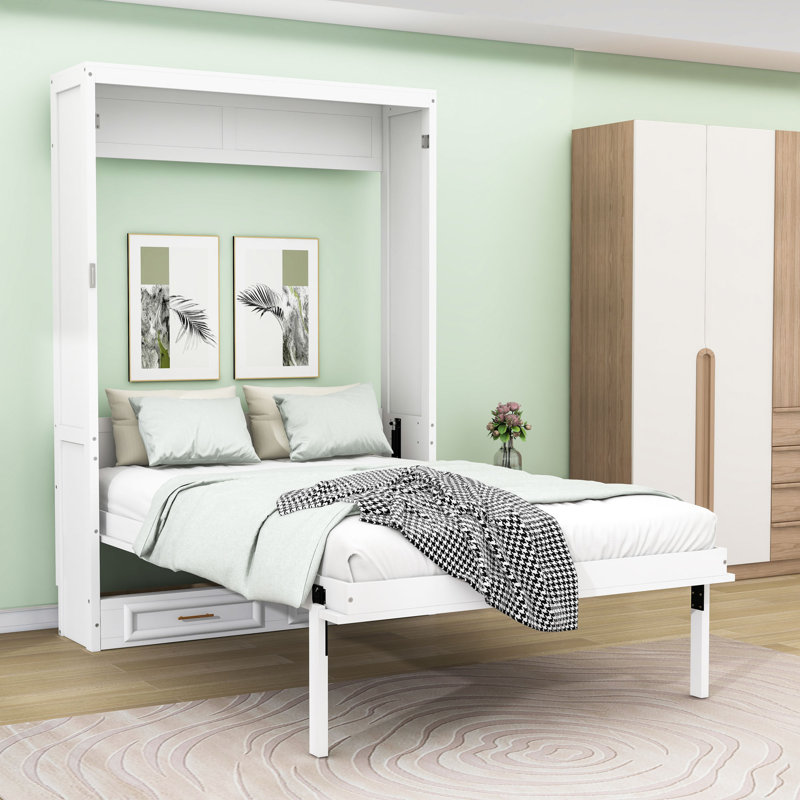 Lit escamotable double en bois 2 tiroirs avec tête de lit