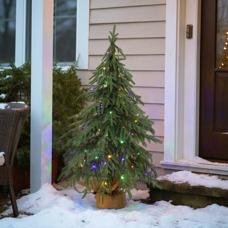 Sapin de Noël artificiel en polyéthylène de 90 cm avec guirlande lumineuse DEL à piles et base en toile de jute
