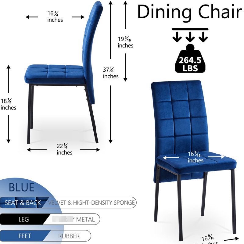 2 chaises en velours bleu foncé à haut dossier, 2 repas nordiques avec pieds noirs, rembourrage doux ergonomique, 2 pièces, dossier moderne, style, coussin de siège