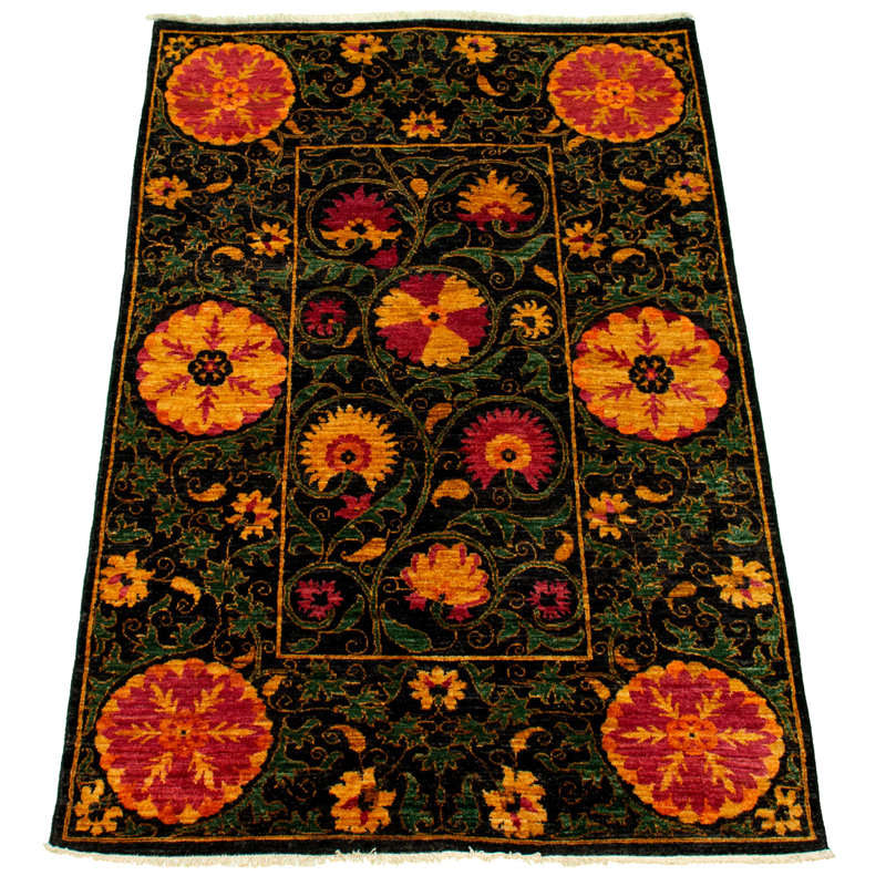Tapis unique vert / orange / jaune en laine noué à la main de style nouvel âge Lahore 4 pi x 6 pi 4 po Casey-James