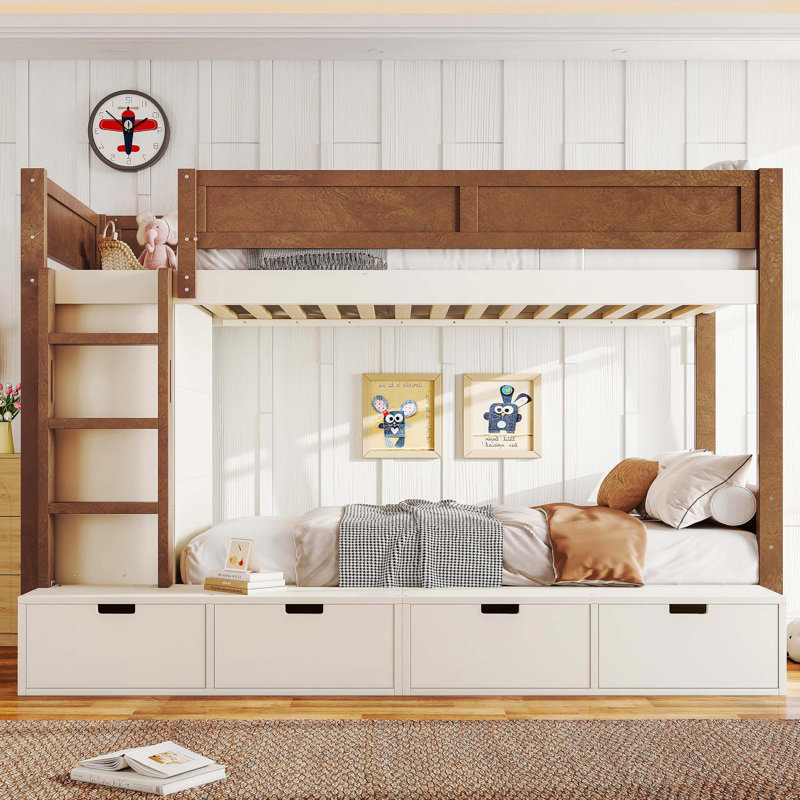 Lit superposé simple au dessus d'un lit simple / simple TG au dessus d'un lit double avec 4 tiroirs, lit en bois massif avec garde-robe et garde-corps, aucun sommier nécessaire, beige et naturel