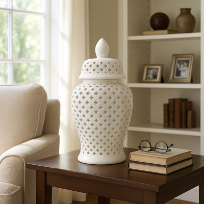 Pot décoratif moderne Atline pour la décoration intérieure - Pot de table en céramique brillante avec découpe percée - Décoration élégante pour tablette, console ou manteau de cheminée - Idéal pour les espaces contemporains et transitionnels