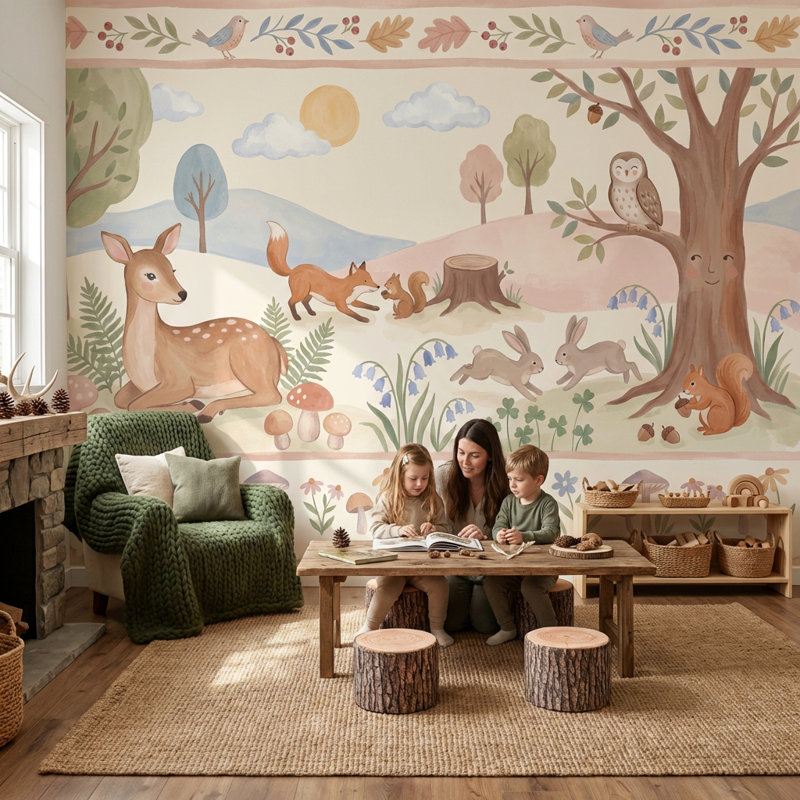 Murale forêt fantaisiste avec papier peint forêt, 120"x96", Peler et coller
