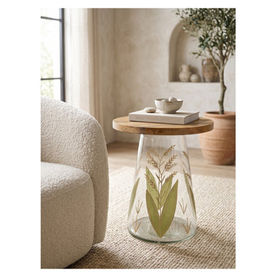 Table d'appoint ronde en verre 16 po avec base botanique peinte à la main et plateau en bois de manguier