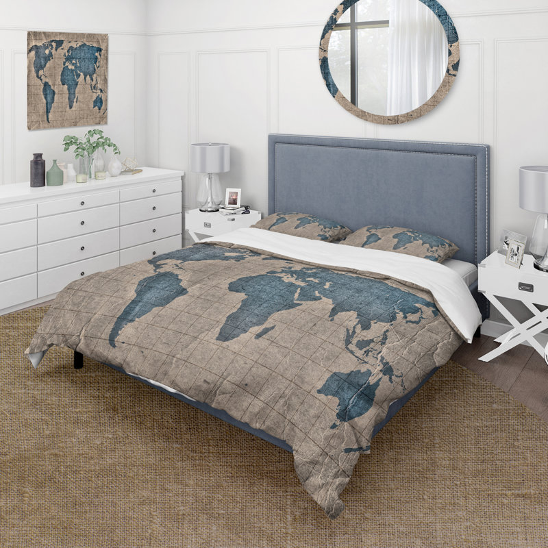 Ancienne carte du monde I - Ensemble de housse de couette rustique - Microfibre de polyester