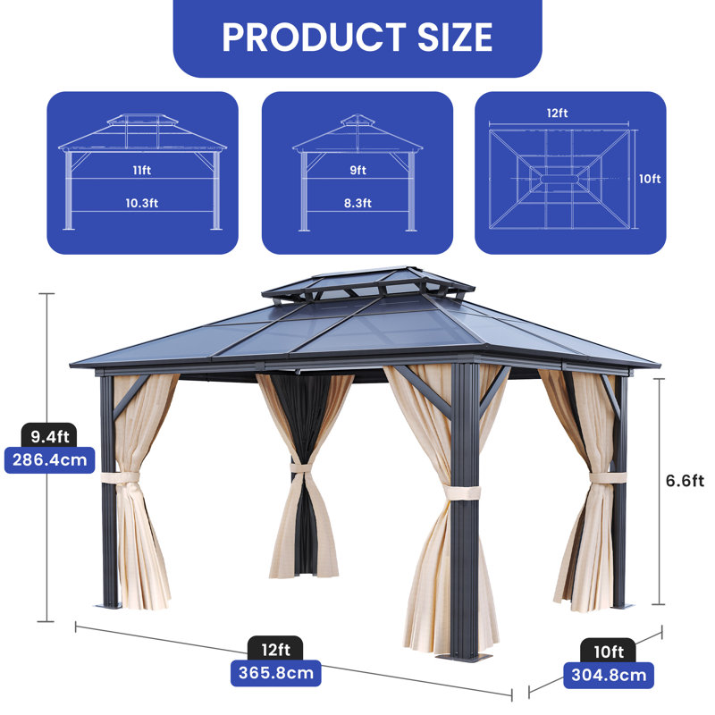  10FT x 12FT Alumunium Patio Gazebo, Hard-Top Double Roof Design Canopy Gazebo : UV-Resistant and Waterproof with Double Layered Sidewalls : Mesh and Polyester Cloth Curtains Suitable for All Seasons