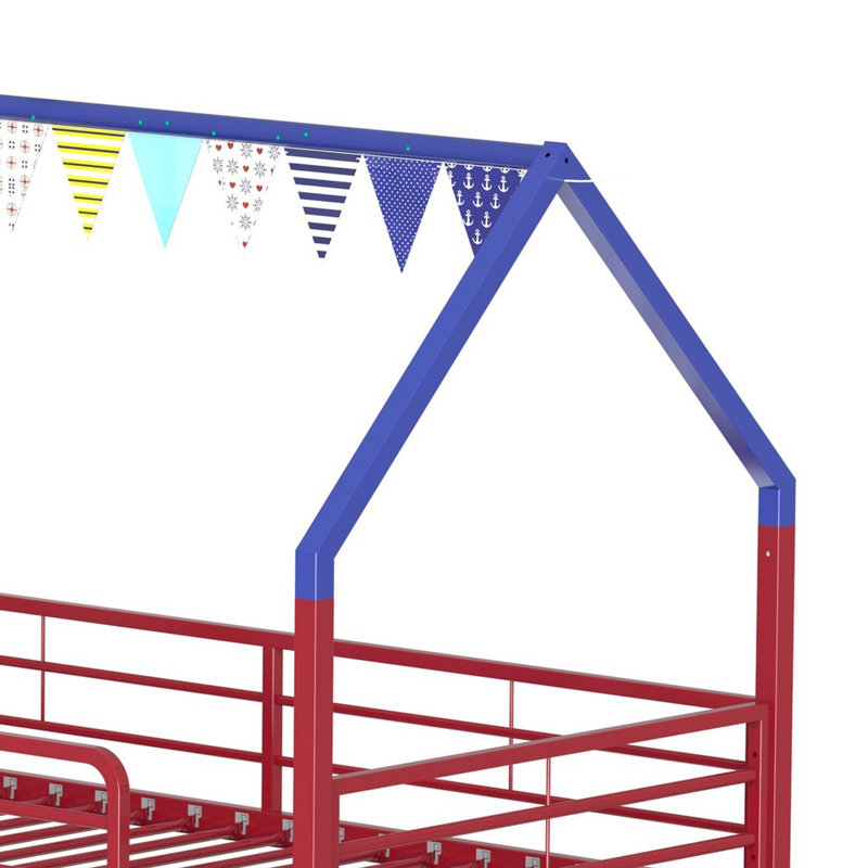 Lit mezzanine double Zeso pour enfants, motif maison, bleu marine et rouge, avec glissade et rideau