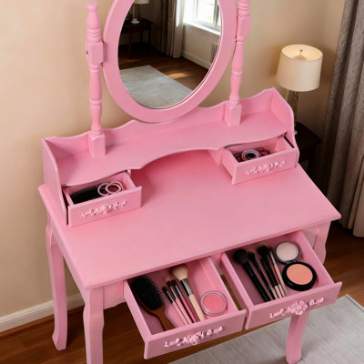 Pink Makeup Vanity Table With 4 Drawers, 360 Adjustable Mirror, And For Bedroom Use - Drawer Wooden Desk In Pink, Swivel Cushioned Stool ' Dressing Rooms
