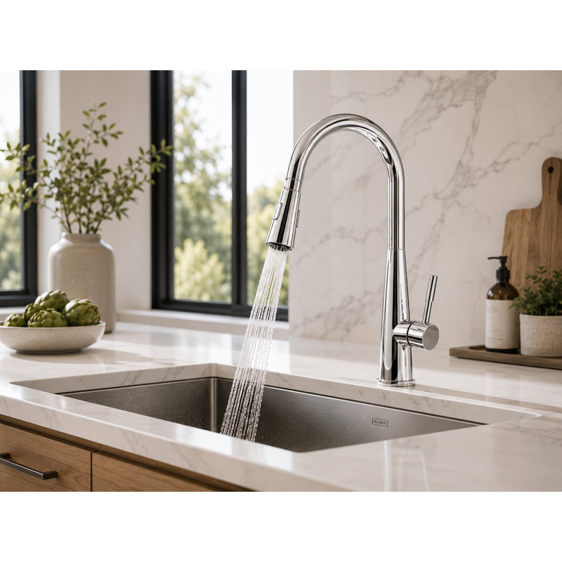 Vassity Flume Pull Down Kitchen Faucet in Polished Chrome, Single Hole, High Arc, Dual Spray
