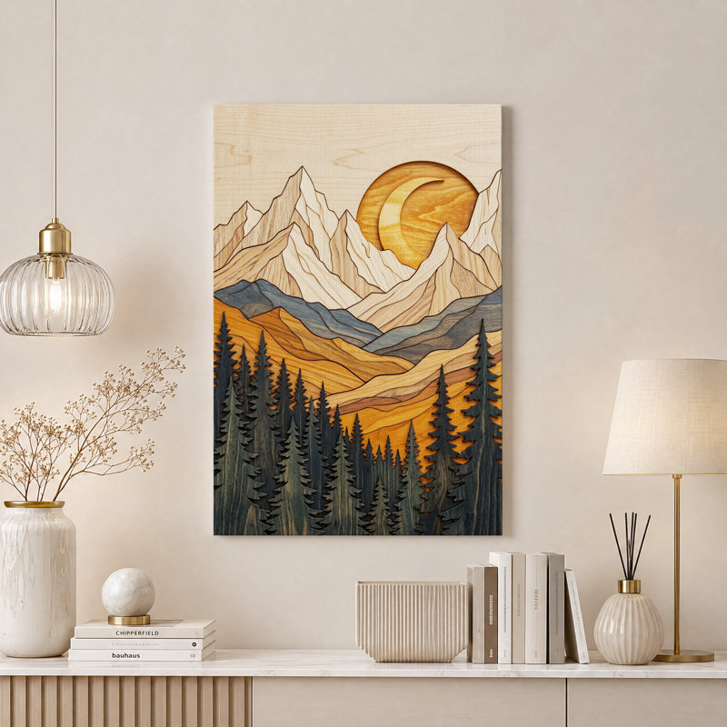 Tableau sur toile représentant un paysage de montagne en bois superposé avec des pins, H 48 po x l 36 po