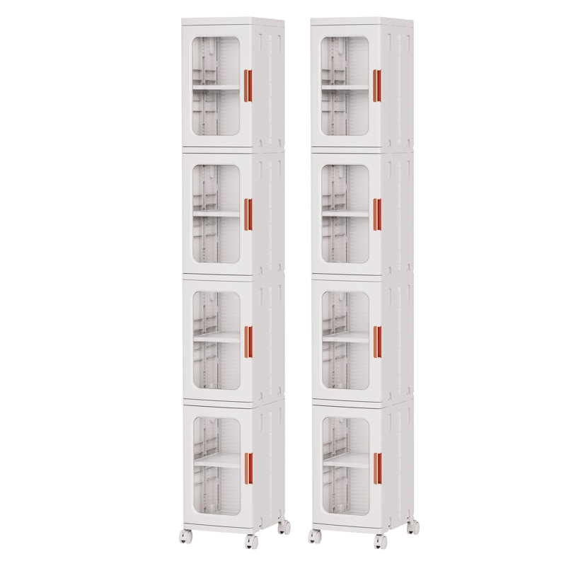 Adelaine 4 Tier Slim Folding Stackable Storage Cabinet, 108QT Plastic Storage Organizer with Adjustable Shelves, Wheels and Magnetic Doors (Set of 2)