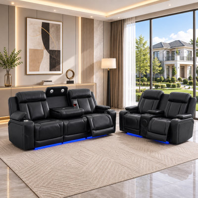 2-Pieces Premium Breathable Faux Leather Power Reclining Living Room Sofa Set With Bluetooth Speaker, Wireless Charging Station and Blue LED Light