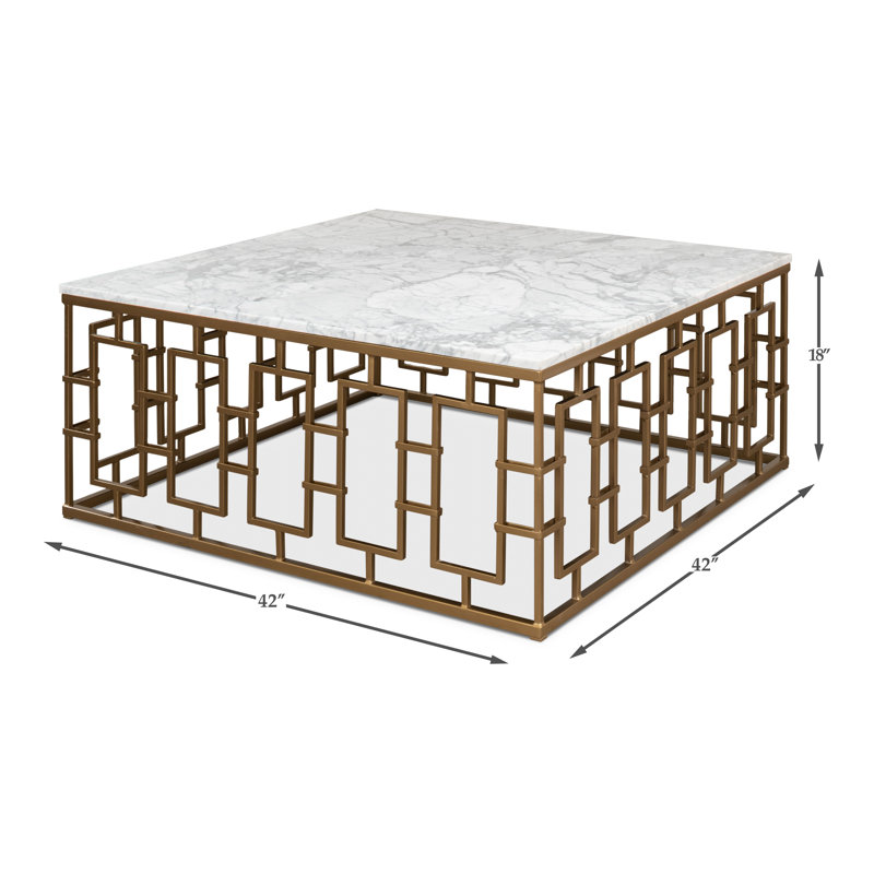 White Marble and Wood Square Coffee Table with Metal Base