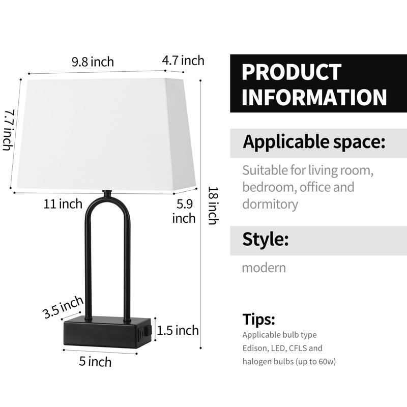 Rogozen 18" Black Metal Table Lamp Set with USB Type-C Ports and Built-in Outlet
