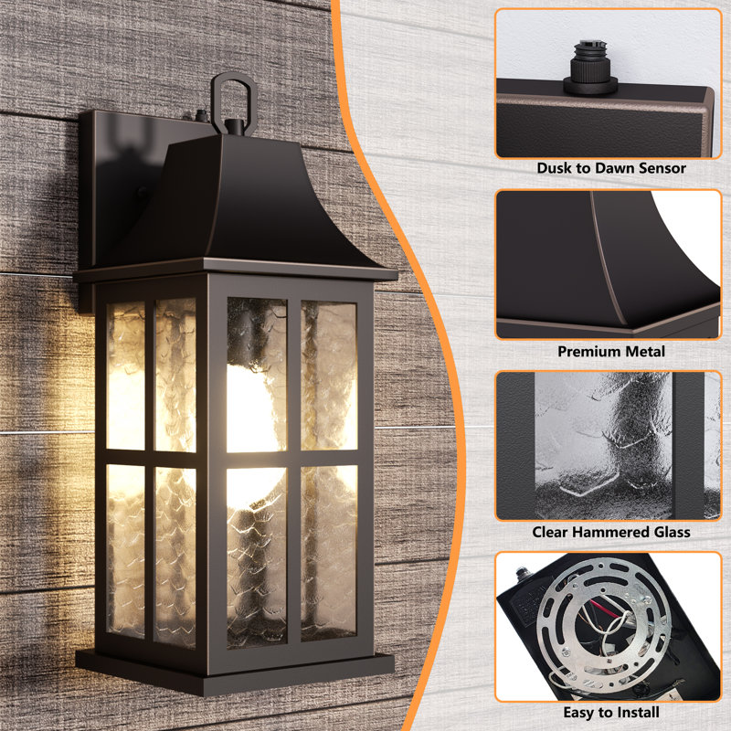 Zanyla 18''H Oil Rubbed Bronze Iron ETL Clear Hammered Glass Outdoor Wall Lantern with Dusk to Dawn, Oil Rubbed Bronze
