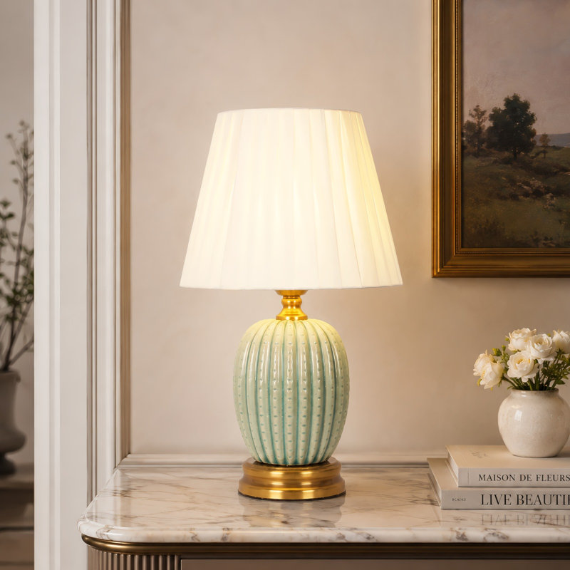 10" Modern Cactus Ceramic Table Lamp with Drum Fabric Shade (Bulb Included)
