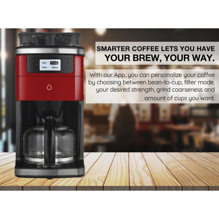 Smarter Smart iCoffee Brew Coffee Maker in Red with Built-in Grinder App for Customized Coffee on Demand