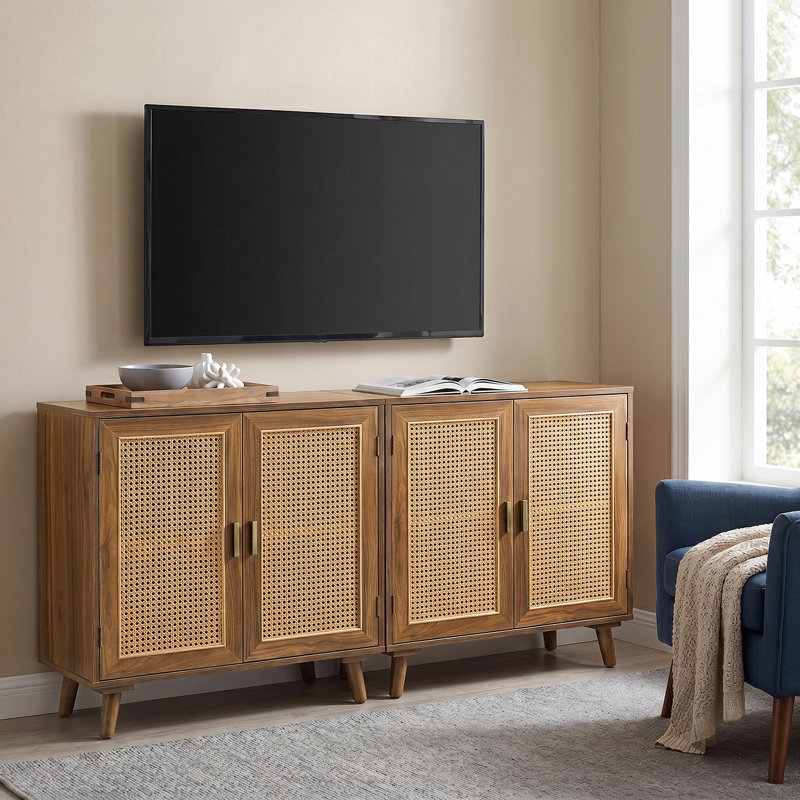 Cuillin 30'' Tall 2 - Rattan Door Accent Cabinet with Solid Wood Legs, Walnut