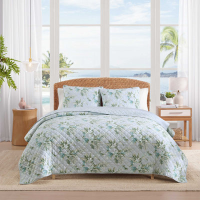 Tommy Bahama Floral Enchantment Cotton Reversible Blue Quilt Set