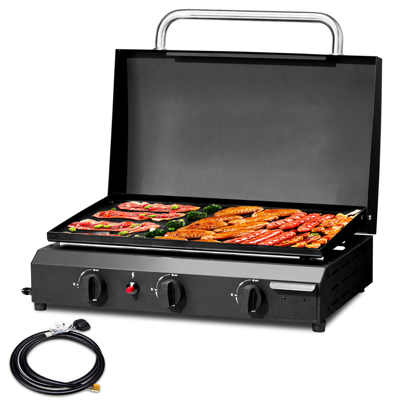 3-Burner Tabletop Propane Gas Griddle Grilll With Ceramic Coated Cast Iron Pan
