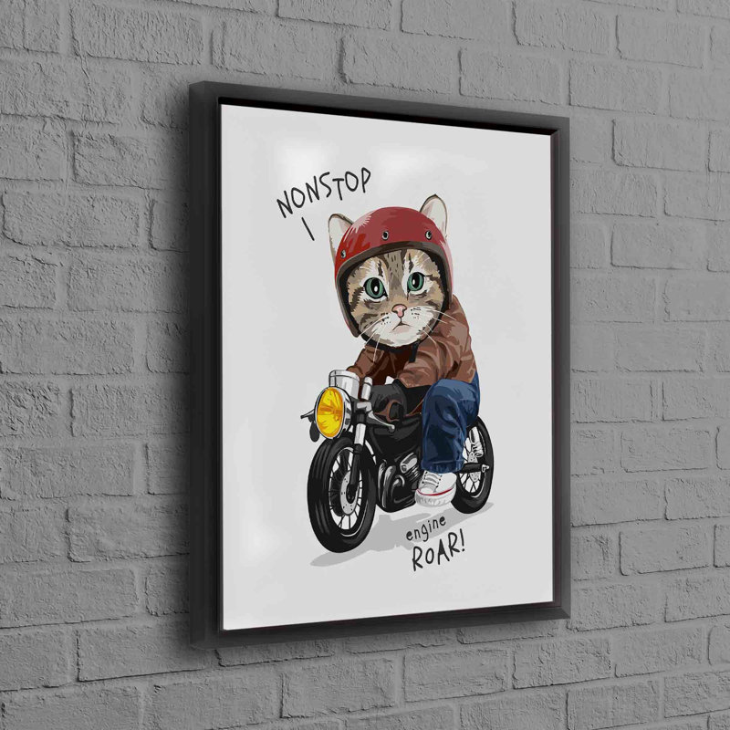 Art moderne abstrait avec un joli chat sur une moto sur toile, idéal pour les amoureux des chats, H 30 po x l 22 po, Noir