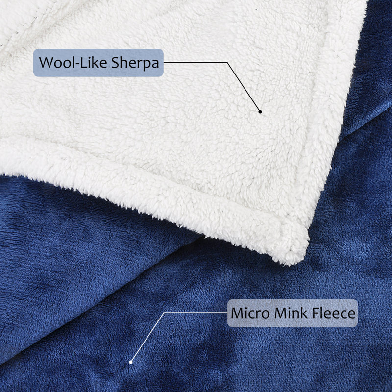 Navy Blue Reversible Sherpa Fleece Throw Blanket, 50x60 inches