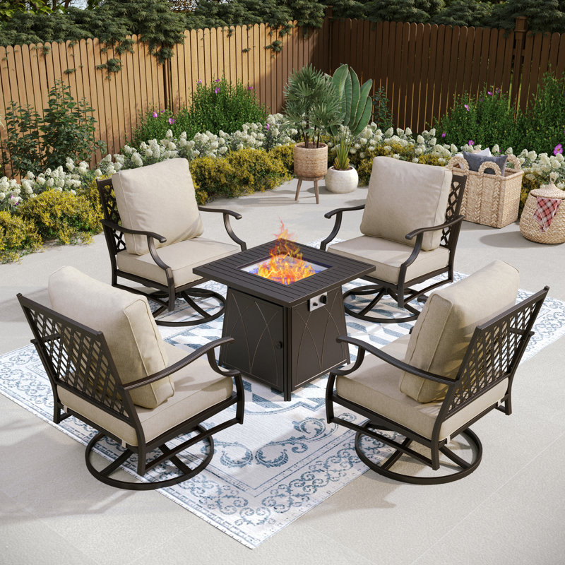 Ensemble de conversation d'extérieur pour 4 personnes avec table basse et table de foyer pivotante Asfand, Beige