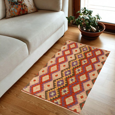 Sinclair Geometric Handmade Rectangle 3'5" x 5'1" Indoor Use Only Area Rug in Red/Brown/Violet